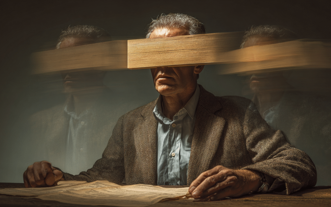 A mid-40s business owner sitting at a desk, blinded by a large wooden plank attached across his eyes while trying to read financial statements, with ghost-like figures (shiny object distractions) swirling behind him
