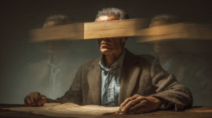 A mid-40s business owner sitting at a desk, blinded by a large wooden plank attached across his eyes while trying to read financial statements, with ghost-like figures (shiny object distractions) swirling behind him