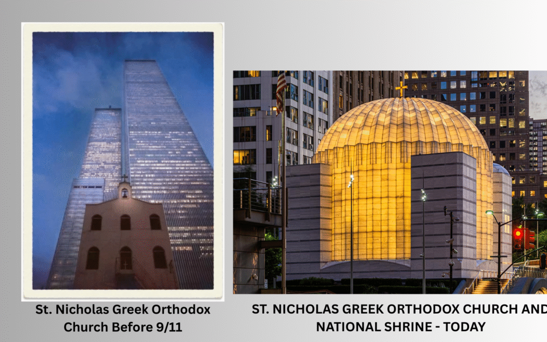 before 9/11 and after picture today of St Nicholas Church next to the world trade centre..
