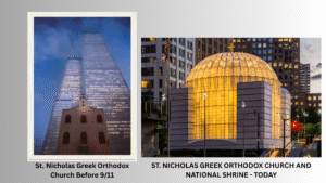 before 9/11 and after picture today of St Nicholas Church next to the world trade centre..
