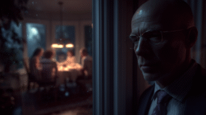 business man looking like a ghost while faint images of family without him having dinner