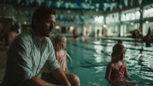 business man dad sitting at edge of pool with two young daughters who are not participating in swim lesson and missing out.