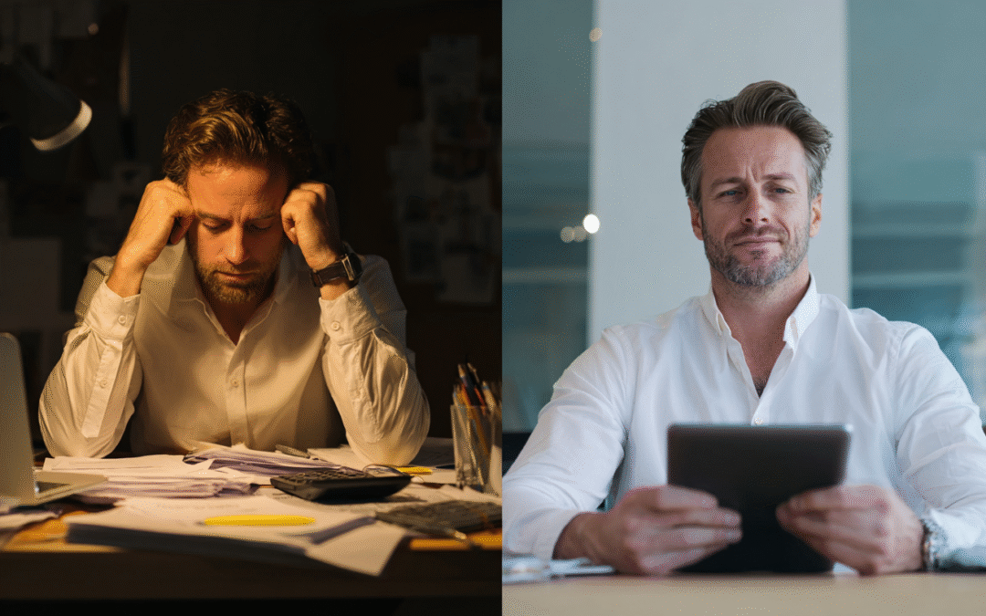 split screen. guy on left is buried in manual tasks with paper and calculator. guy on right is relaxed with a tablet that has automated everything.