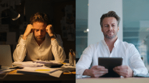 split screen. guy on left is buried in manual tasks with paper and calculator. guy on right is relaxed with a tablet that has automated everything.