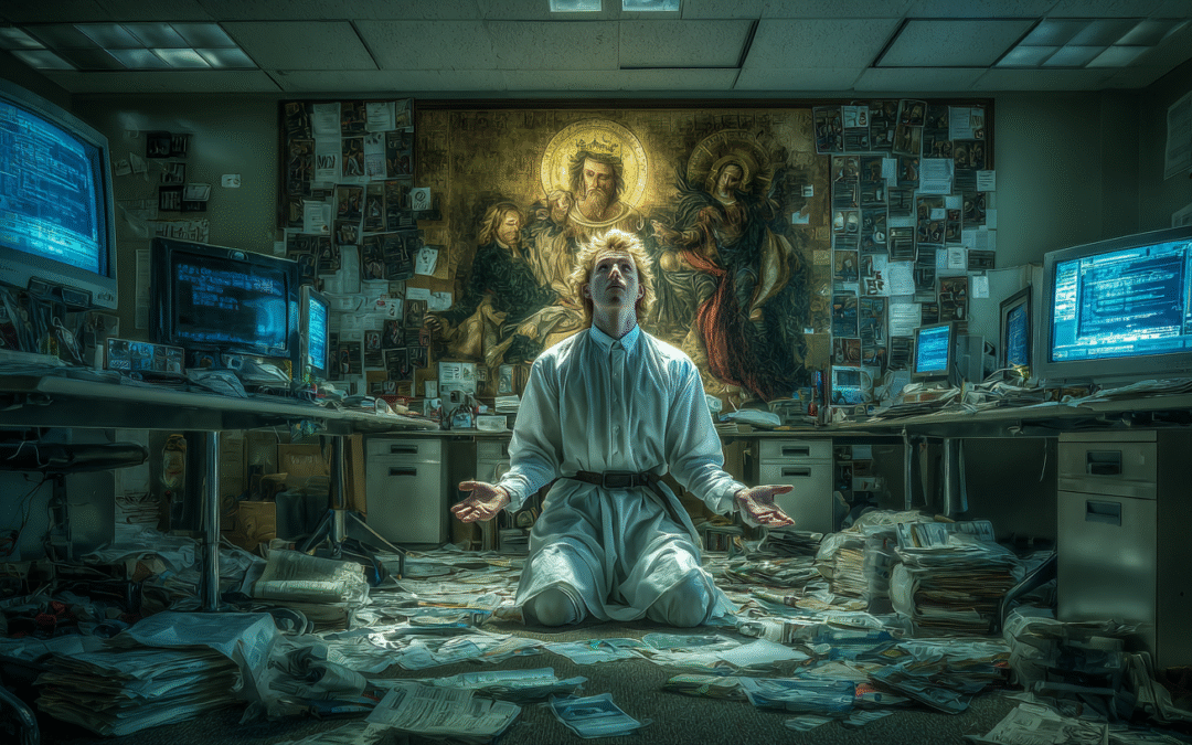 A burned-out business owner kneels alone in a dimly lit office, surrounded by glowing computer screens, scattered paperwork, and ticking clocks. Behind him, a faint icon of saints looms, symbolising misplaced martyrdom in modern entrepreneurship.