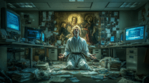 A burned-out business owner kneels alone in a dimly lit office, surrounded by glowing computer screens, scattered paperwork, and ticking clocks. Behind him, a faint icon of saints looms, symbolising misplaced martyrdom in modern entrepreneurship.