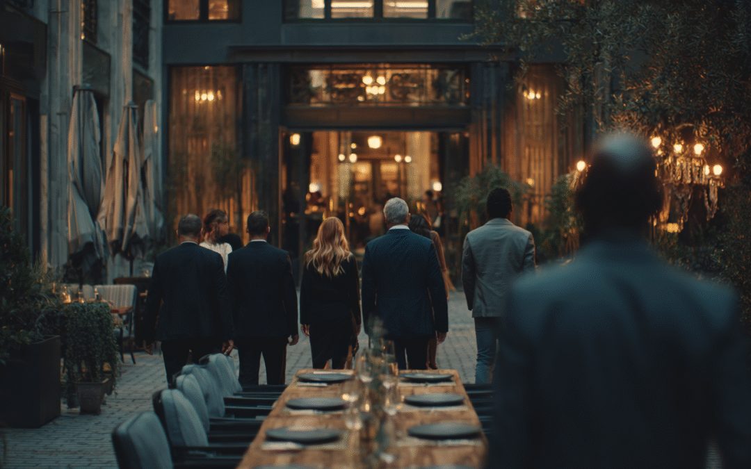 party of people leaving a high end restaurant table looking disappointed.