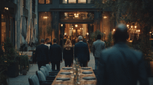 party of people leaving a high end restaurant table looking disappointed.