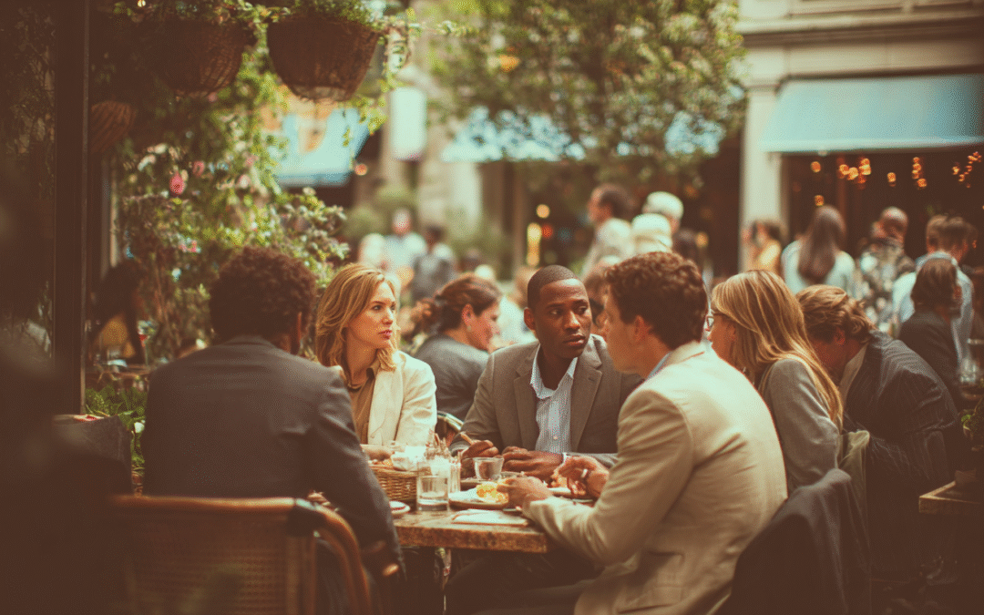 diverse group of relaxed business people talking together at outdoor cafe