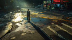 business man in a cross roads filled with debris and a light shining down one path