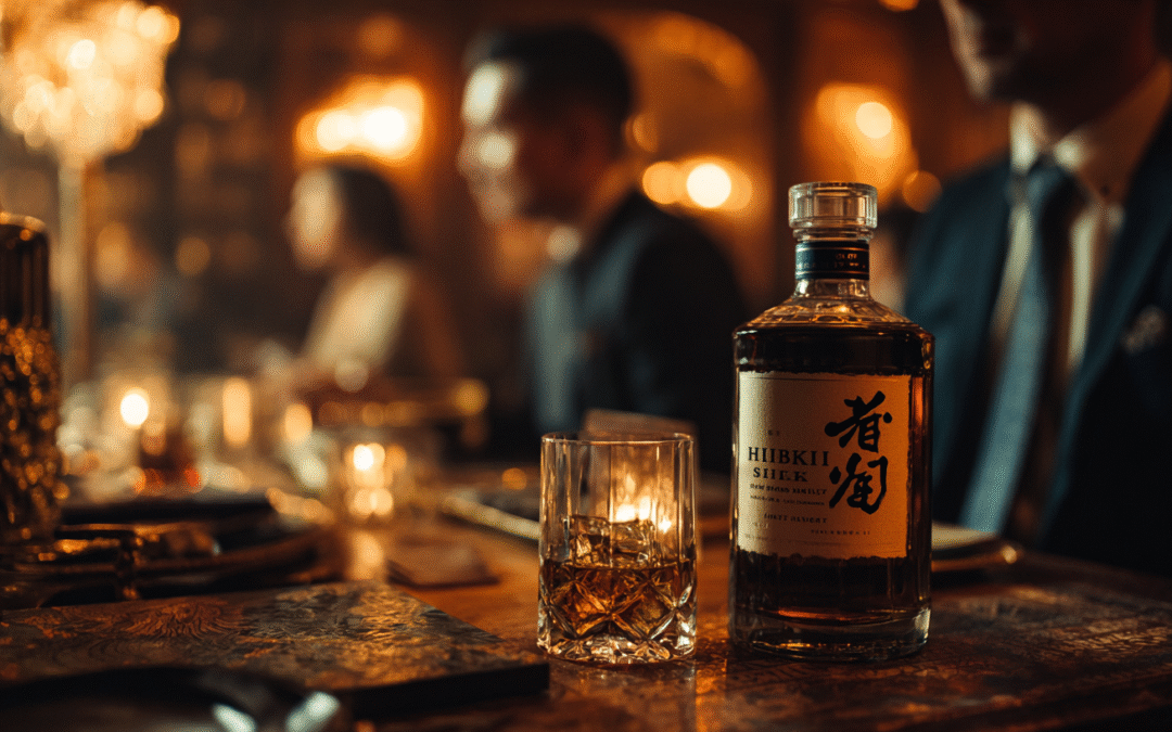 bottle of hibiki whisky on table with business men in blur background