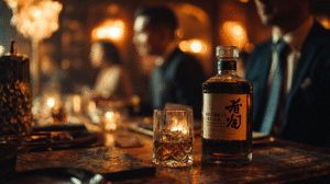bottle of hibiki whisky on table with business men in blur background