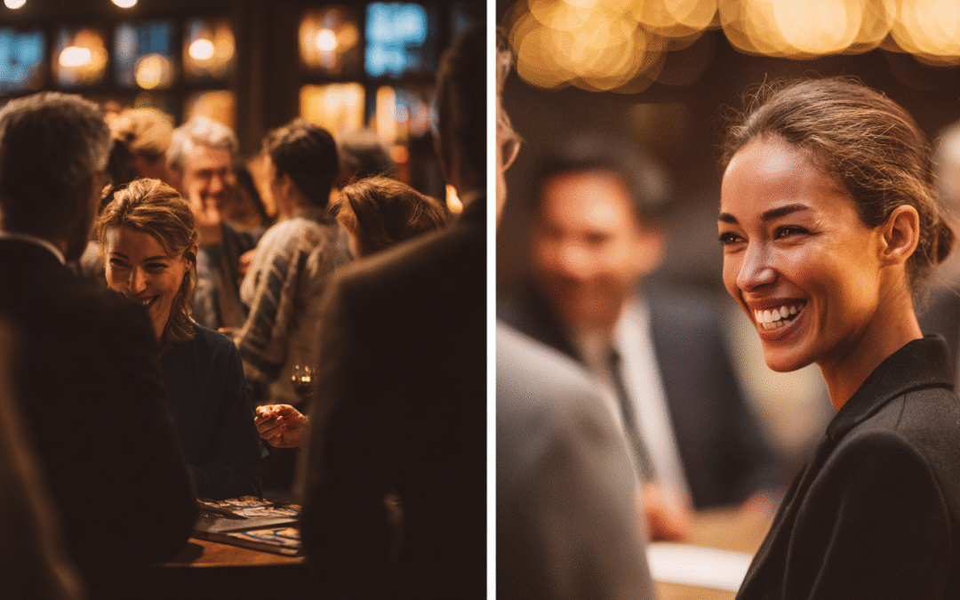 split screen time wasting crowd and smiling woman who spent time well