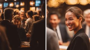 split screen time wasting crowd and smiling woman who spent time well