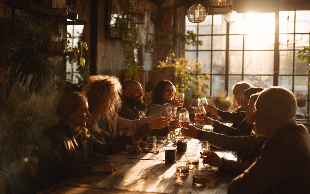 business people celebrating a successful week with whiskey early evening with setting sun through window