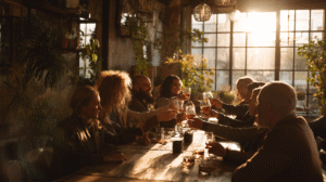 business people celebrating a successful week with whiskey early evening with setting sun through window