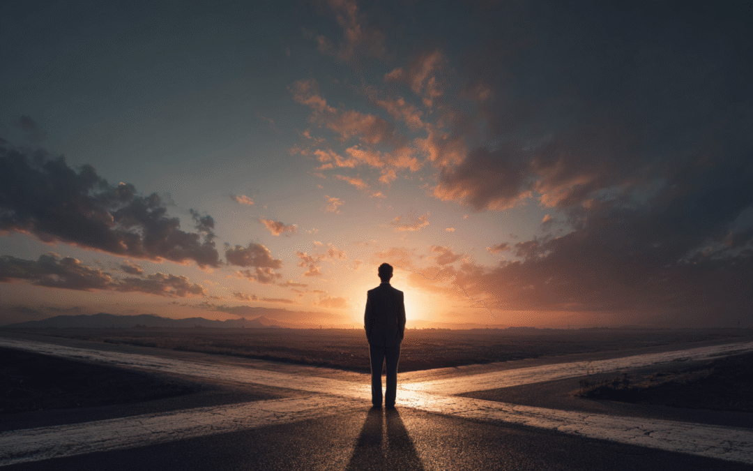 Business owner standing at a crossroads at sunrise with four glowing paths