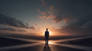 Business owner standing at a crossroads at sunrise with four glowing paths