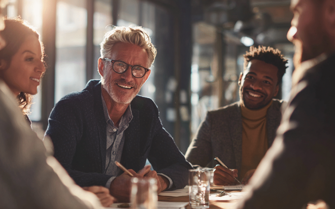 cheerful smart business man who is successful with colleagues at table