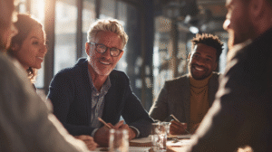 cheerful smart business man who is successful with colleagues at table