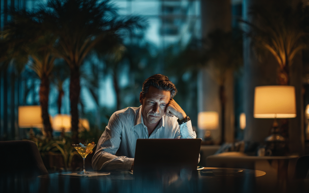 man sitting in front of a computer with beach and palm trees behind him. stuck in his business.
