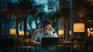 man sitting in front of a computer with beach and palm trees behind him. stuck in his business.