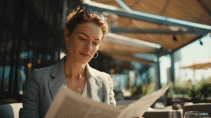 relaxed business woman reading the news paper because she owns a business that doesn't own her.