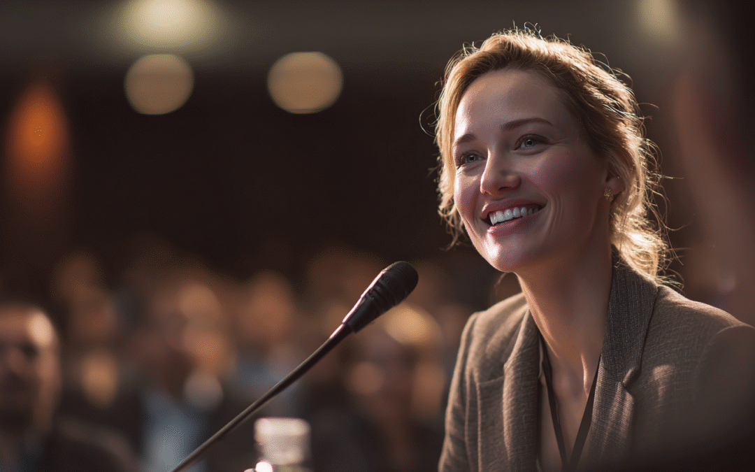 business woman with a microphone symbolising that she is so comfortable with her business that she can invest her time in industry conferences instead of having to do the day to day.