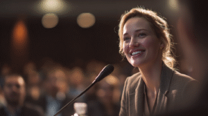 business woman with a microphone symbolising that she is so comfortable with her business that she can invest her time in industry conferences instead of having to do the day to day.