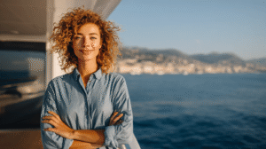 relaxes smiling woman on boat showing she is an investor owner and has the lifestyle she wants