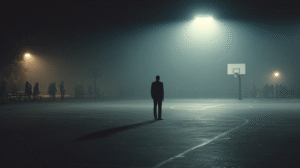 man in suit on a dark basketball Court with shadowy silhouettes in background. he's alone
