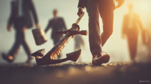 business man walking but you see just his legs and shoes and he is dragging a heavy anchor that represents dysfunction.