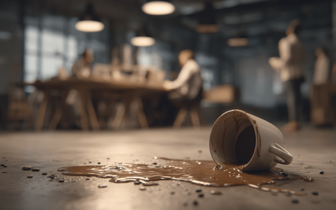 image of a spilt coffee cup staining a floor while workers in background are oblivious and socialising A symptom of poor delegation