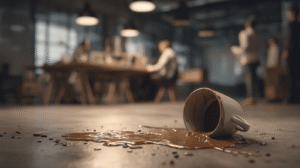 image of a spilt coffee cup staining a floor while workers in background are oblivious and socialising A symptom of poor delegation