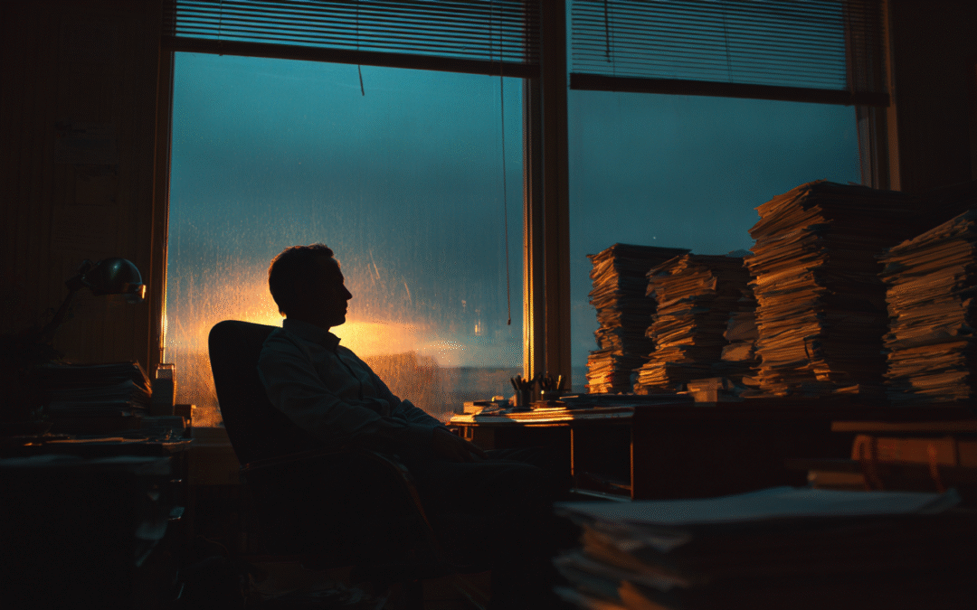 Overworked business owner sitting alone in a dark office, sunrise in background symbolising exhaustion and new beginnings