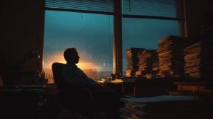 Overworked business owner sitting alone in a dark office, sunrise in background symbolising exhaustion and new beginnings