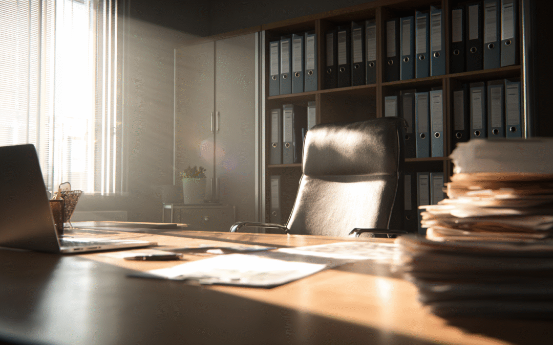 Bright, organised office without anyone present — symbol of a business running smoothly without the owner.