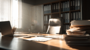 Bright, organised office without anyone present — symbol of a business running smoothly without the owner.