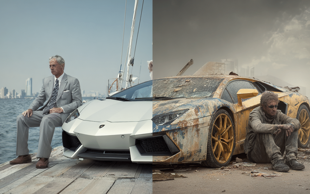 contrasting scene of a successful business man resting on a new Lamborghini and a worn out homeless one on a junked up lamborghini