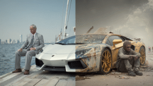 contrasting scene of a successful business man resting on a new Lamborghini and a worn out homeless one on a junked up lamborghini