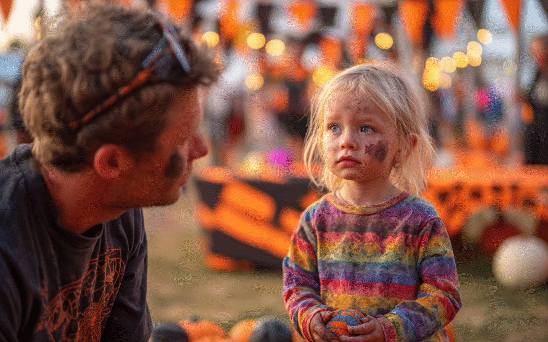 A father and his young daughter at a Halloween fair game. The little girl has just hit the target with a Velcro ball, but the attendant refuses to give her a prize. The father watches thoughtfully — a moment that reflects frustration, empathy, and a deeper business lesson about responsibility and care