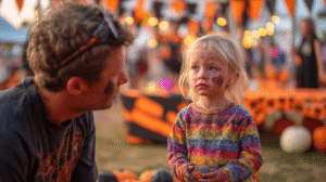 A father and his young daughter at a Halloween fair game. The little girl has just hit the target with a Velcro ball, but the attendant refuses to give her a prize. The father watches thoughtfully — a moment that reflects frustration, empathy, and a deeper business lesson about responsibility and care