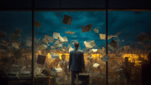 A business owner at the airport with his family, glancing back through a window at his office in disarray—symbolising how his company falls apart when he’s away.