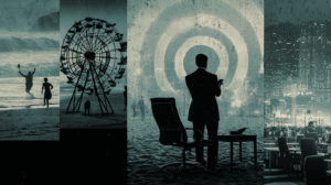 A collage showing a bullseye at a carnival, a business owner on a beach checking his phone, and empty office chairs — representing how control and burnout can drain life from both work and joy