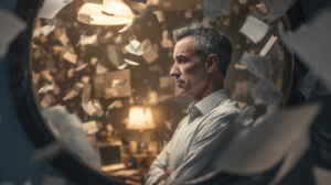 A business owner stands before a mirror that reflects a hectic, disorganised office scene while they remain calm and reflective in reality — symbolising how a business mirrors its owner’s habits