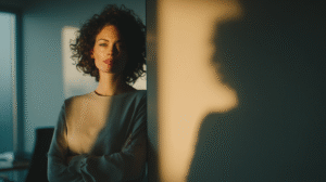 A businesswoman stands tall by an office doorway, walking away from a looming client figure — symbolising the freedom and strength that comes from firing a toxic client