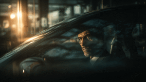 A business owner sits quietly in his car at sunrise, hands on the steering wheel, gathering strength — symbolising the moment of rediscovering purpose after burnout