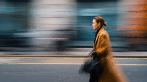 A business woman walking down the street. She is in half motion focus everything else around her is in a blur