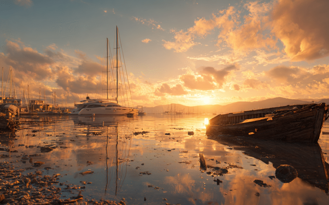 A sunrise over a peaceful harbour where a yacht sets sail while around it is the debris from a boat that has broken apart— symbolising a business owner’s comeback after burnout and the start of a new, stronger chapter