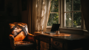 Sunlit office with an empty leather chair and a closed laptop on a wooden desk, suggesting calm, space, and regained control of time